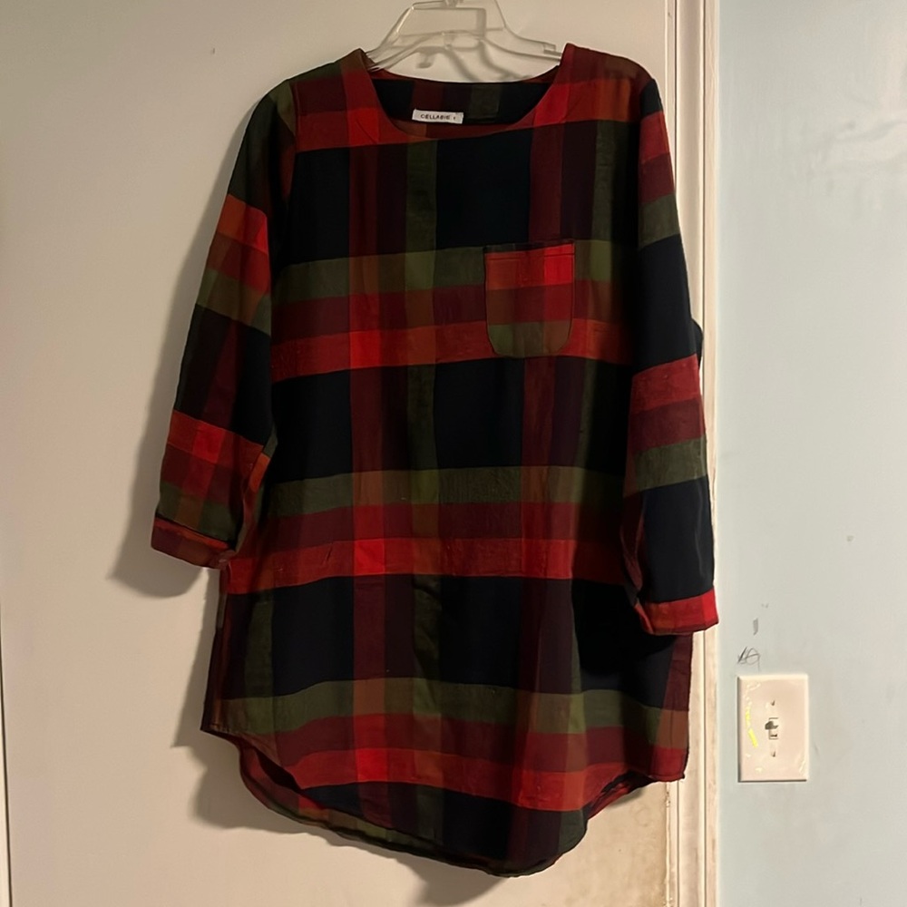 Cellabie S Red, Green, Navy Plaid Flannel Shirt Dress